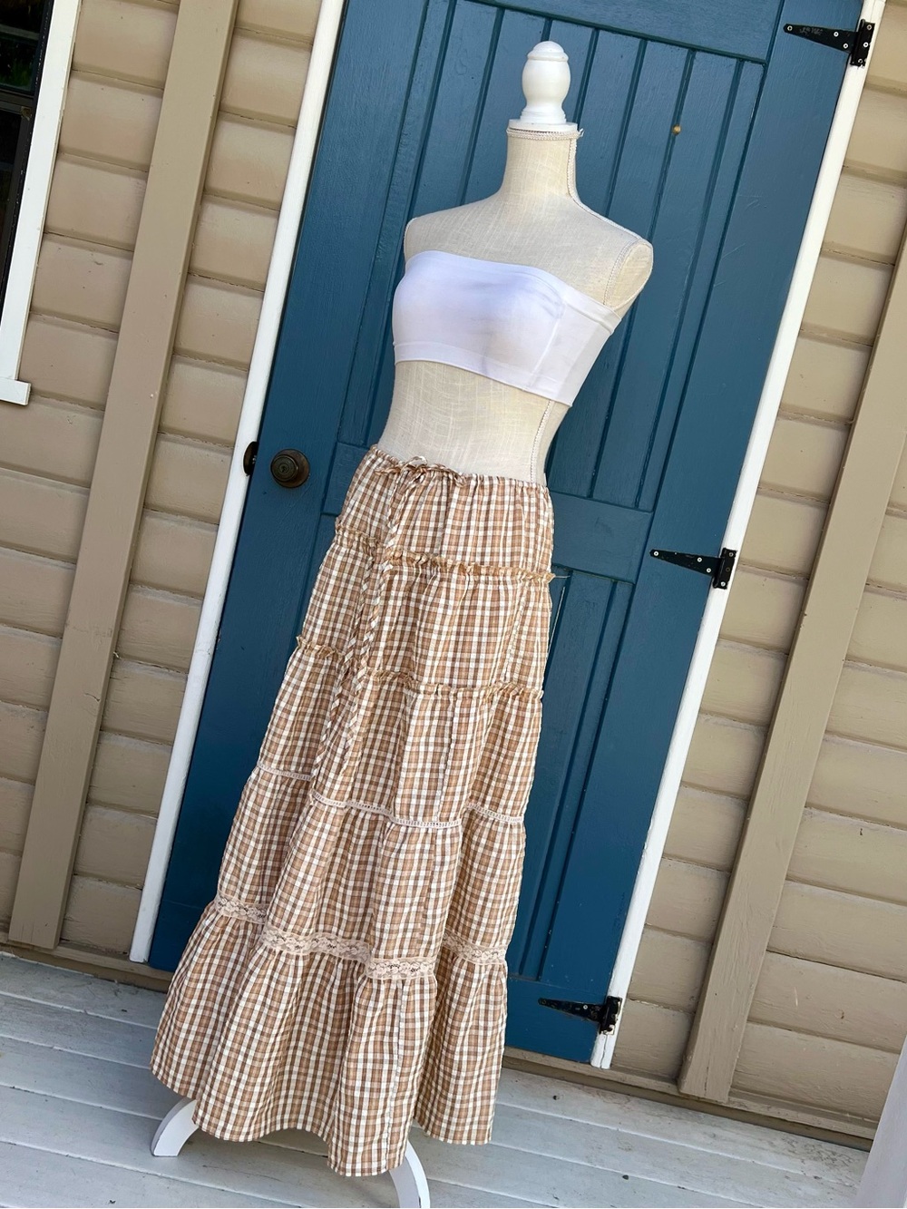 Daisy Street Brown Gingham Tiered Maxi Skirt Cottagecore Coquette Women’s Size L